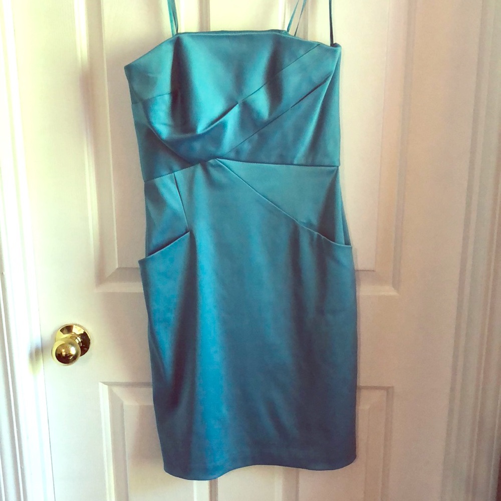 BCBG blue bodycon satin cocktail dress
